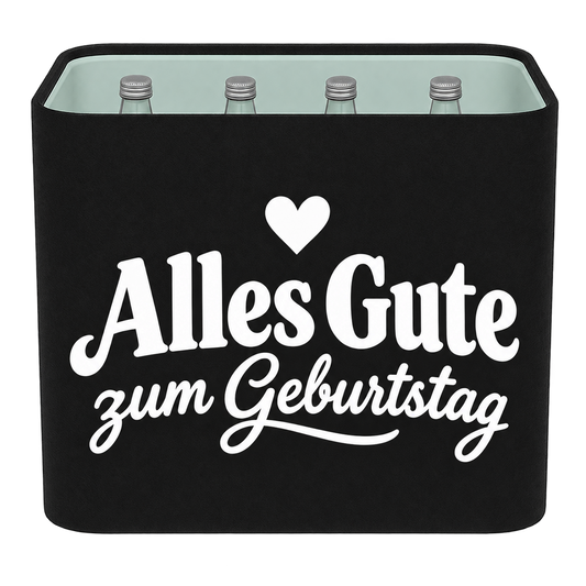 Schwarze KistenBlende für Wasserkisten aus Glas mit weißem Geburtstagsmotiv „Alles Gute zum Geburtstag“.