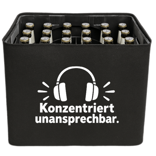 KistenBlende „Konzentriert unansprechbar.“ – Bierkasten 24 × 0,33 l, schwarze Filzblende mit Motiv.