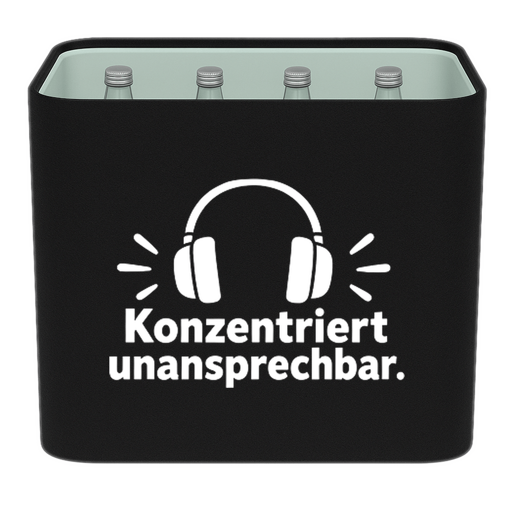 KistenBlende „Konzentriert unansprechbar.“ – Wasserkiste für Glasflaschen, schwarze Filzblende mit Motiv.