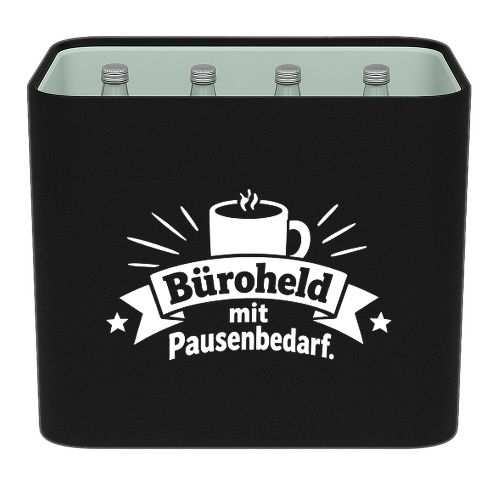 KistenBlende „Büroheld mit Pausenbedarf.“ – Wasserkiste für Glasflaschen, schwarze Filzblende mit Motiv.