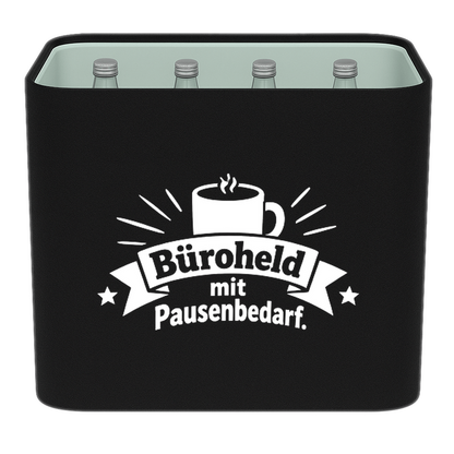 KistenBlende „Büroheld mit Pausenbedarf.“ – Wasserkiste für Glasflaschen, schwarze Filzblende mit Motiv.