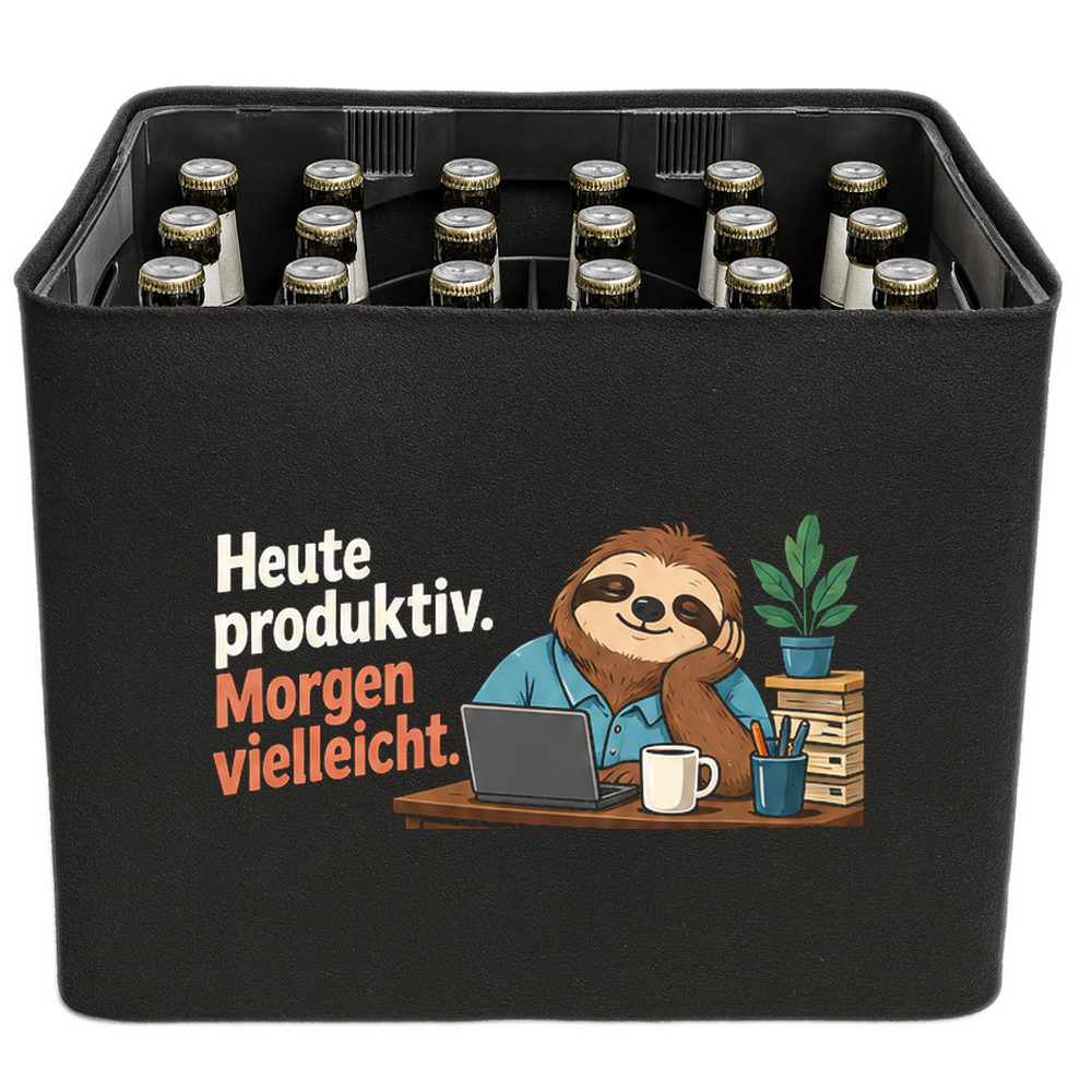 KistenBlende „Heute produktiv. Morgen vielleicht.“ – Bierkasten 24 × 0,33 l, schwarze Filzblende mit Motiv.