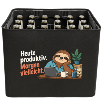 KistenBlende „Heute produktiv. Morgen vielleicht.“ – Bierkasten 24 × 0,33 l, schwarze Filzblende mit Motiv.