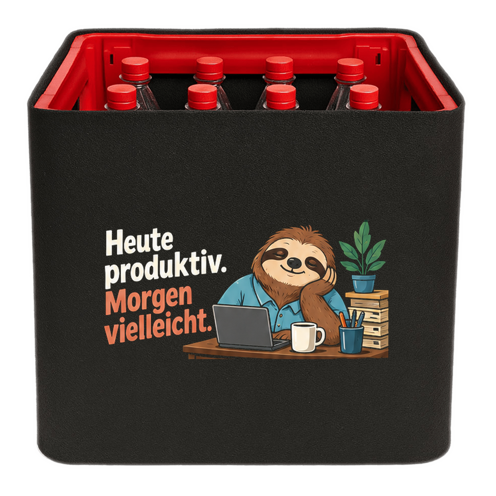 KistenBlende „Heute produktiv. Morgen vielleicht.“ – Limonadenkiste für PET-Flaschen, schwarze Filzblende mit Motiv.