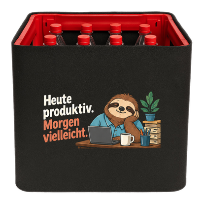 KistenBlende „Heute produktiv. Morgen vielleicht.“ – Limonadenkiste für PET-Flaschen, schwarze Filzblende mit Motiv.