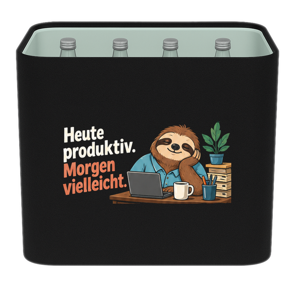 KistenBlende „Heute produktiv. Morgen vielleicht.“ – Wasserkiste für Glasflaschen, schwarze Filzblende mit Motiv.
