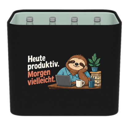 KistenBlende „Heute produktiv. Morgen vielleicht.“ – Wasserkiste für Glasflaschen, schwarze Filzblende mit Motiv.