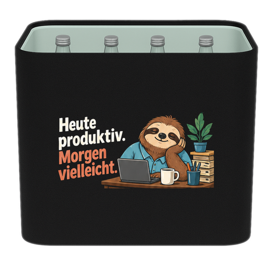 KistenBlende „Heute produktiv. Morgen vielleicht.“ – Wasserkiste für Glasflaschen, schwarze Filzblende mit Motiv.