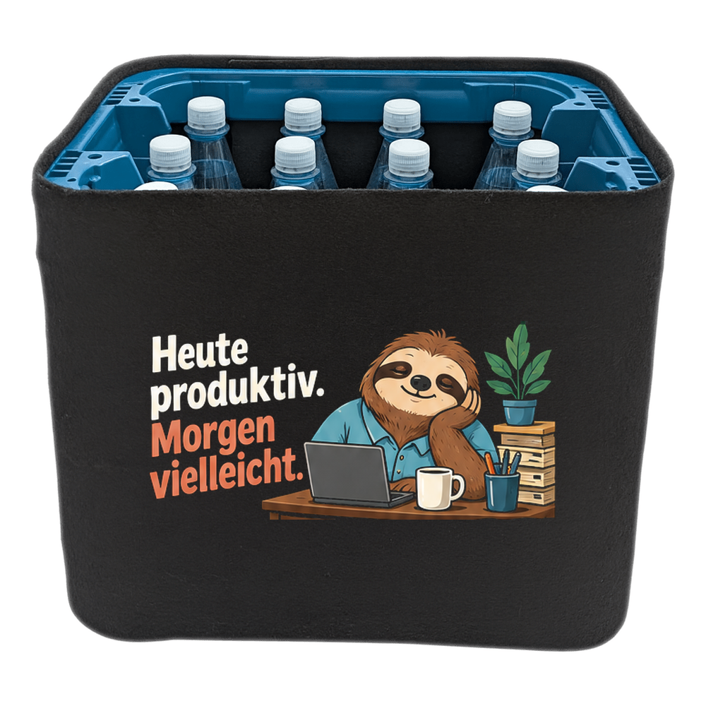KistenBlende „Heute produktiv. Morgen vielleicht.“ – Wasserkiste für PET-Flaschen, schwarze Filzblende mit Motiv.