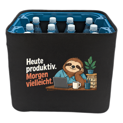 KistenBlende „Heute produktiv. Morgen vielleicht.“ – Wasserkiste für PET-Flaschen, schwarze Filzblende mit Motiv.