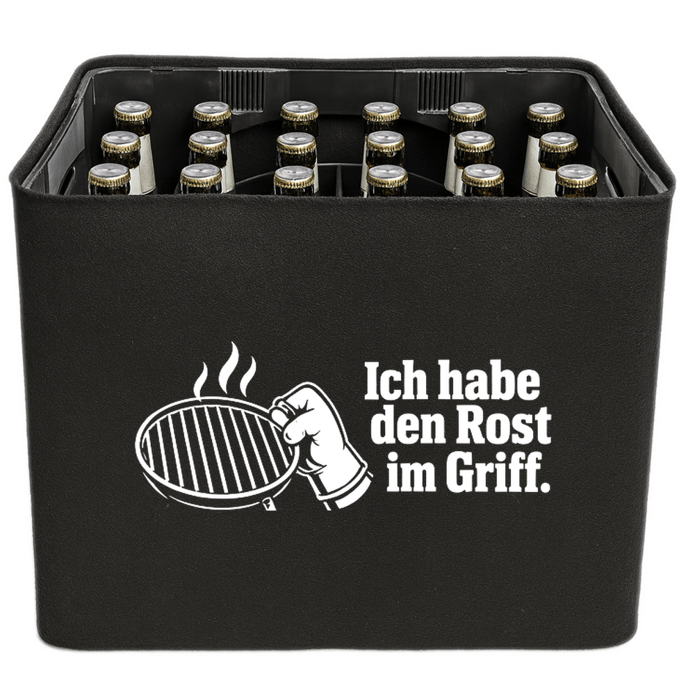 KistenBlende „Ich habe den Rost im Griff.“ – Bierkasten 24 × 0,33 l, schwarze Filzblende mit Motiv.