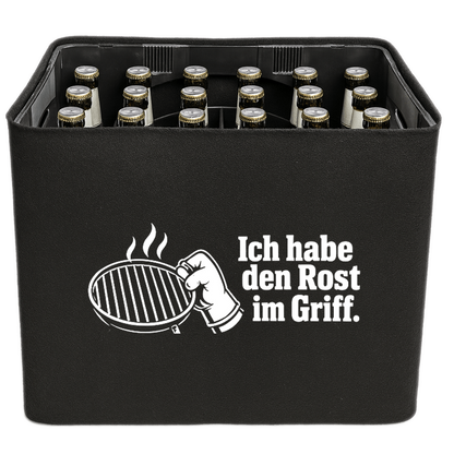 KistenBlende „Ich habe den Rost im Griff.“ – Bierkasten 24 × 0,33 l, schwarze Filzblende mit Motiv.