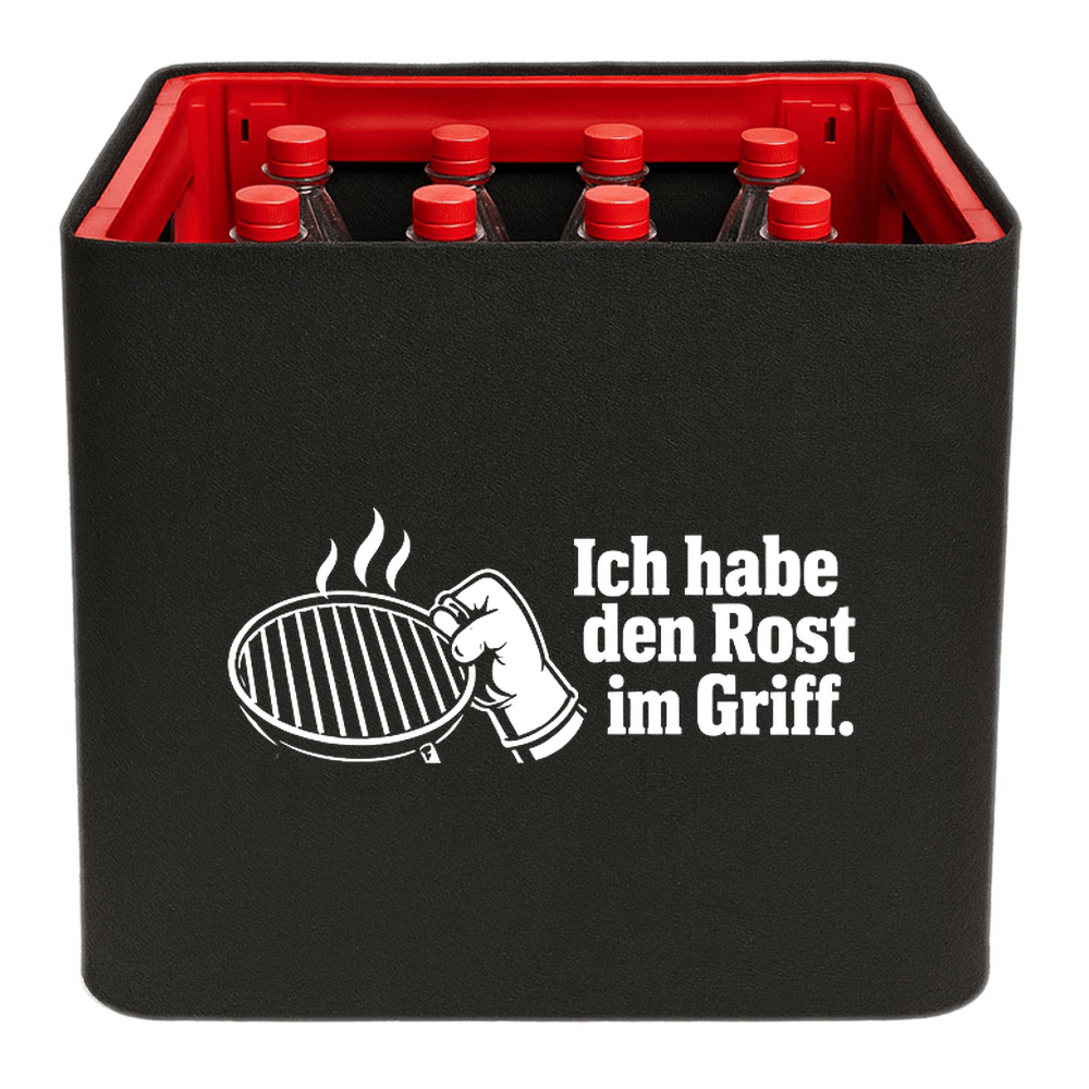 KistenBlende „Ich habe den Rost im Griff.“ – Limonadenkiste für PET-Flaschen, schwarze Filzblende mit Motiv.