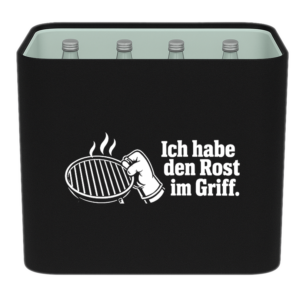 KistenBlende „Ich habe den Rost im Griff.“ – Wasserkiste für Glasflaschen, schwarze Filzblende mit Motiv.