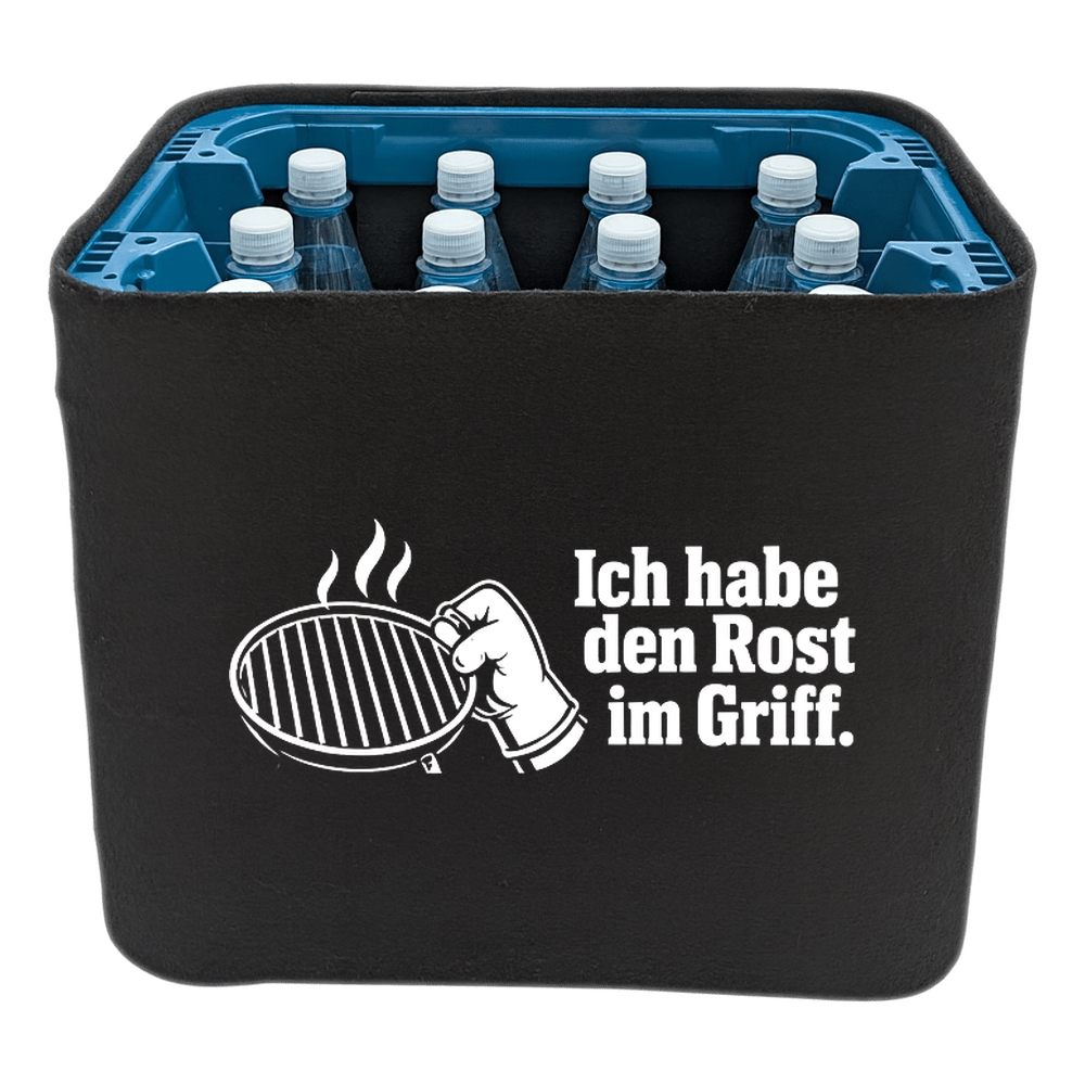 KistenBlende „Ich habe den Rost im Griff.“ – Wasserkiste für PET-Flaschen, schwarze Filzblende mit Motiv.