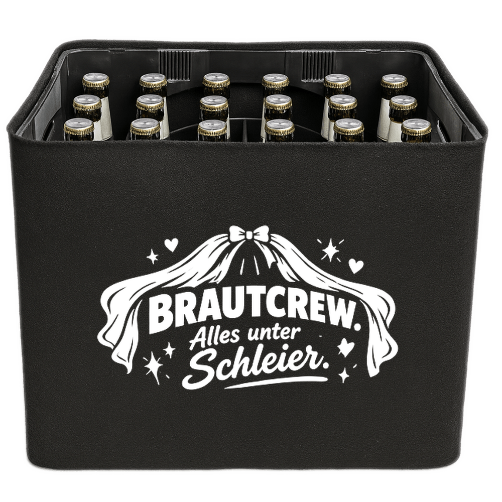 KistenBlende – Brautcrew. Alles unter Schleier. – Bierkasten 24 × 0,33 L / 20 × 0,5 L