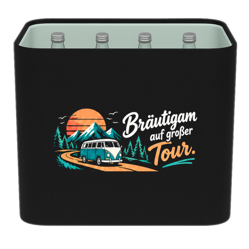 KistenBlende – Bräutigam auf großer Tour. – Wasserkiste GLAS 12 × 0,7 L