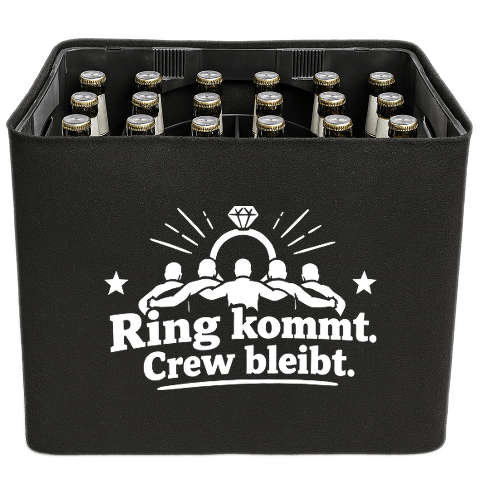 KistenBlende „Ring kommt. Crew bleibt.“ – Bierkasten 24 × 0,33 l, schwarze Filzblende mit Motiv.