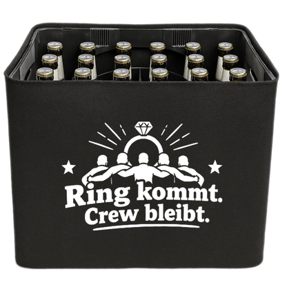 KistenBlende „Ring kommt. Crew bleibt.“ – Bierkasten 24 × 0,33 l, schwarze Filzblende mit Motiv.