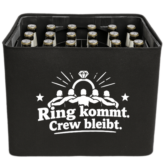 KistenBlende „Ring kommt. Crew bleibt.“ – Bierkasten 24 × 0,33 l, schwarze Filzblende mit Motiv.