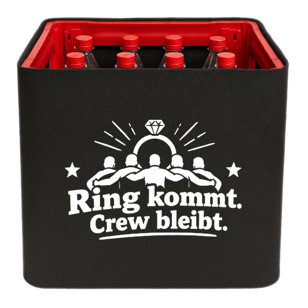 KistenBlende „Ring kommt. Crew bleibt.“ – Limonadenkiste für PET-Flaschen, schwarze Filzblende mit Motiv.