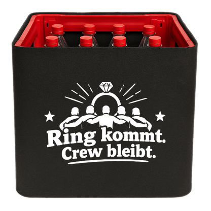 KistenBlende „Ring kommt. Crew bleibt.“ – Limonadenkiste für PET-Flaschen, schwarze Filzblende mit Motiv.
