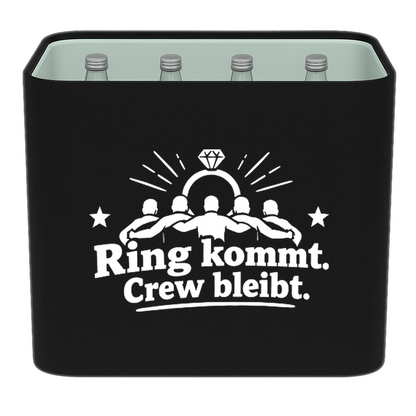 KistenBlende „Ring kommt. Crew bleibt.“ – Wasserkiste für Glasflaschen, schwarze Filzblende mit Motiv.