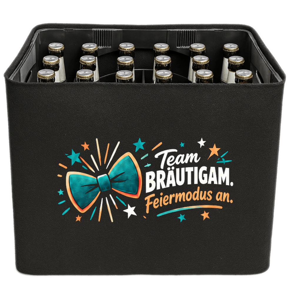 KistenBlende „Team Bräutigam. Feiermodus an.“ – Bierkasten 24 × 0,33 l, schwarze Filzblende mit Motiv.