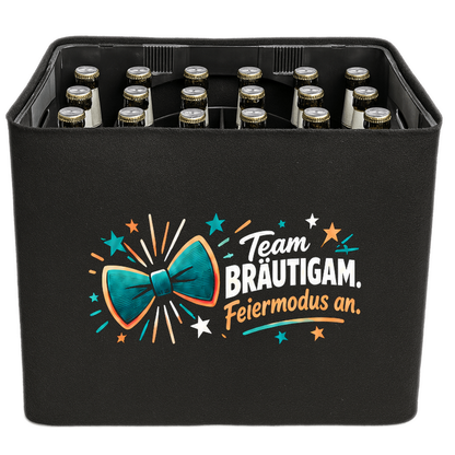 KistenBlende „Team Bräutigam. Feiermodus an.“ – Bierkasten 24 × 0,33 l, schwarze Filzblende mit Motiv.