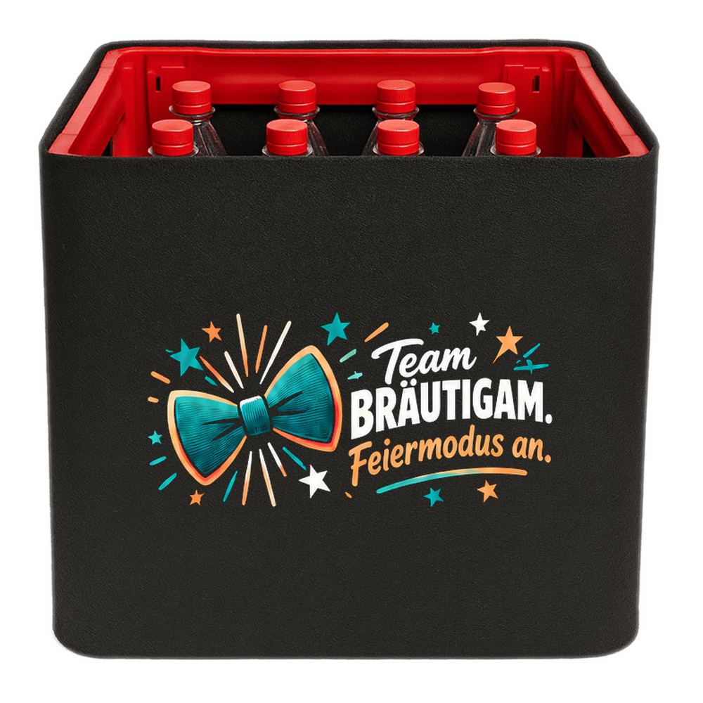 KistenBlende „Team Bräutigam. Feiermodus an.“ – Limonadenkiste für PET-Flaschen, schwarze Filzblende mit Motiv.
