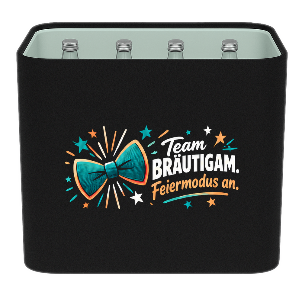 KistenBlende „Team Bräutigam. Feiermodus an.“ – Wasserkiste für Glasflaschen, schwarze Filzblende mit Motiv.