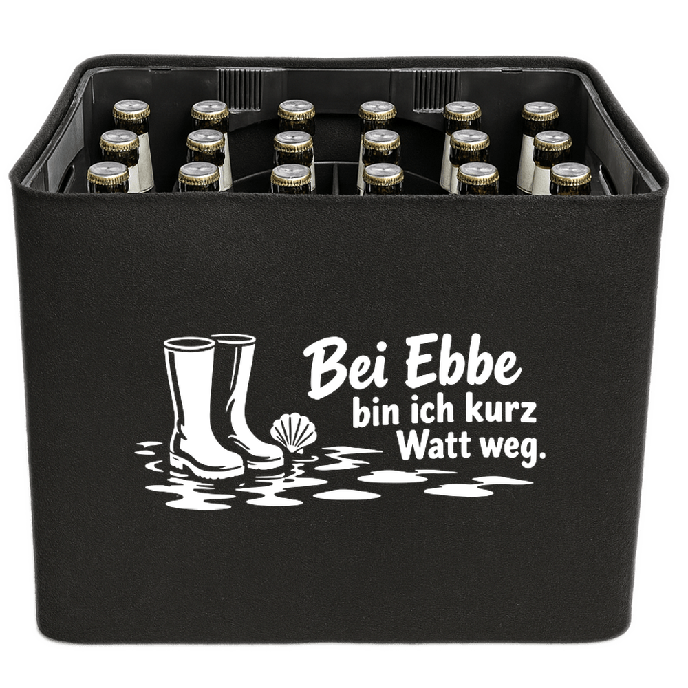 KistenBlende mit dem Motiv „Bei Ebbe bin ich kurz Watt weg.“ – Bierkiste 24 × 0,33 l und 20 × 0,5 l