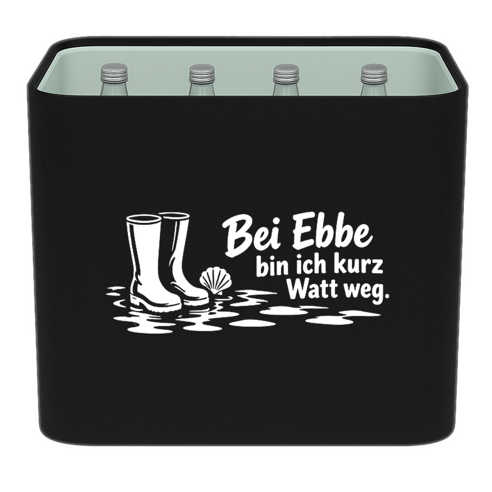 KistenBlende mit dem Motiv „Bei Ebbe bin ich kurz Watt weg.“ – Wasserkiste 12 × 0,75 l Glas