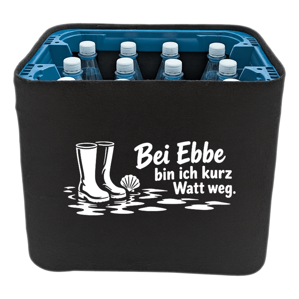 KistenBlende mit dem Motiv „Bei Ebbe bin ich kurz Watt weg.“ – Wasserkiste 12 × 1 l PET