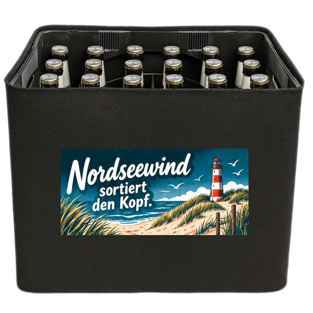 KistenBlende mit dem Motiv „Nordseewind sortiert den Kopf.“ – Bierkiste 24 × 0,33 l und 20 × 0,5 l