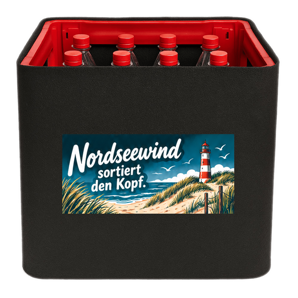 KistenBlende mit dem Motiv „Nordseewind sortiert den Kopf.“ – Limonadenkiste 12 × 1 l PET