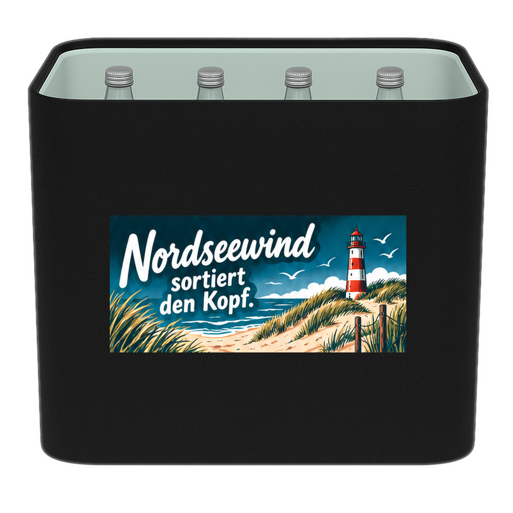 KistenBlende mit dem Motiv „Nordseewind sortiert den Kopf.“ – Wasserkiste 12 × 0,75 l Glas