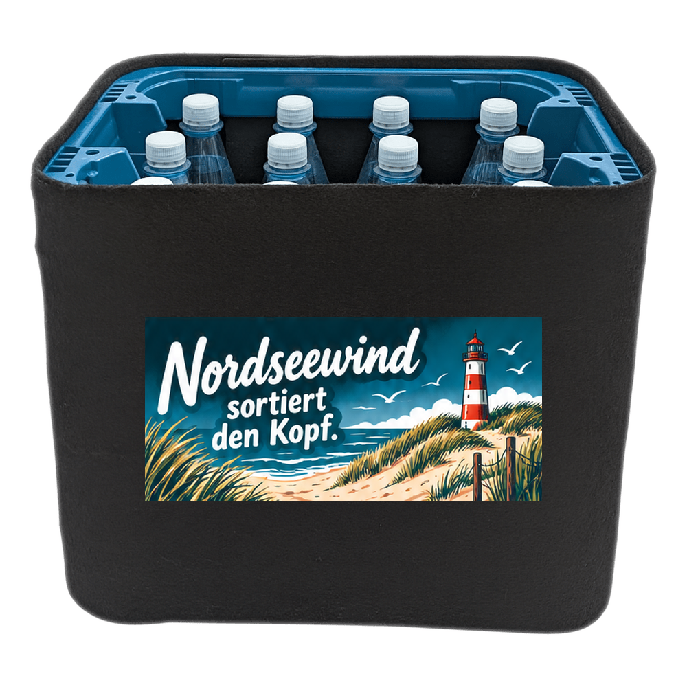 KistenBlende mit dem Motiv „Nordseewind sortiert den Kopf.“ – Wasserkiste 12 × 1 l PET