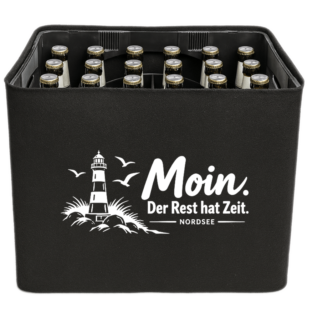 KistenBlende mit dem Motiv „Moin. Der Rest hat Zeit.“ – Bierkiste 24 × 0,33 l und 20 × 0,5 l