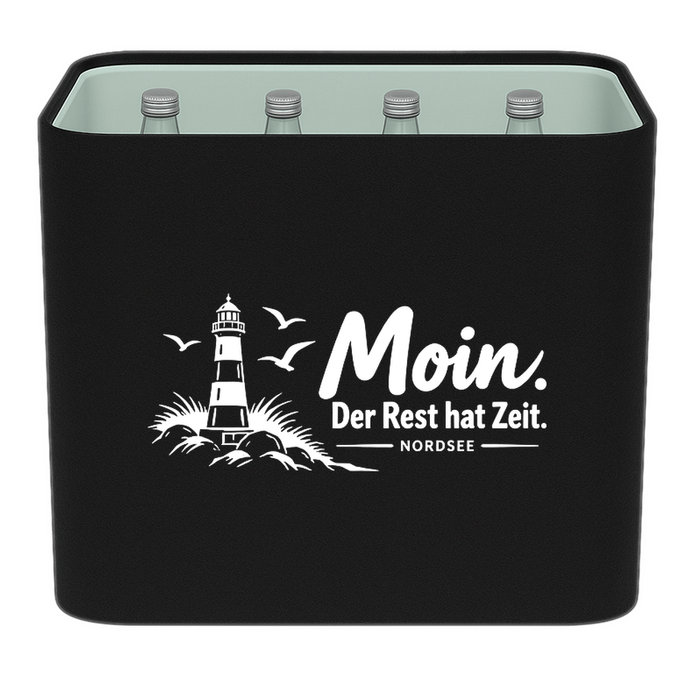 KistenBlende mit dem Motiv „Moin. Der Rest hat Zeit.“ – Wasserkiste 12 × 0,75 l Glas