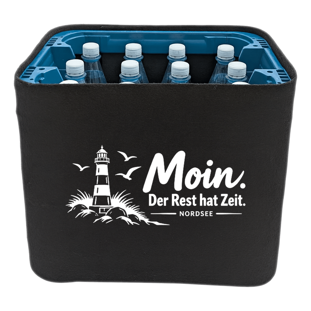 KistenBlende mit dem Motiv „Moin. Der Rest hat Zeit.“ – Wasserkiste 12 × 1 l PET