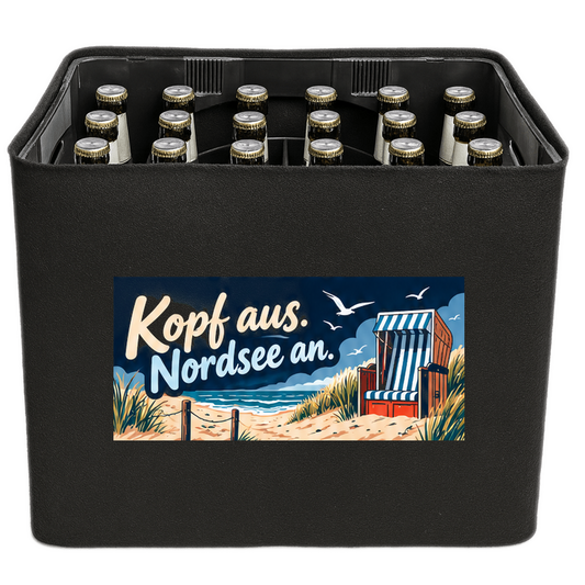 KistenBlende mit dem Motiv „Kopf aus. Nordsee an.“ – Bierkiste 24 × 0,33 l und 20 × 0,5 l