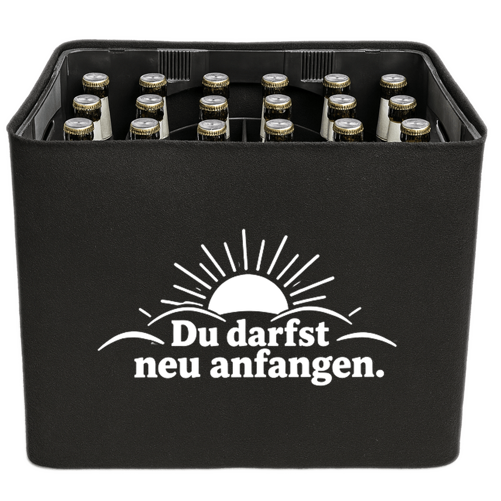 KistenBlende „Du darfst neu anfangen.“ – Bierkasten 24 × 0,33 l, schwarze Filzblende mit Motiv.