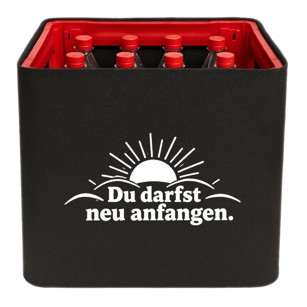 KistenBlende „Du darfst neu anfangen.“ – Limonadenkiste für PET-Flaschen, schwarze Filzblende mit Motiv.