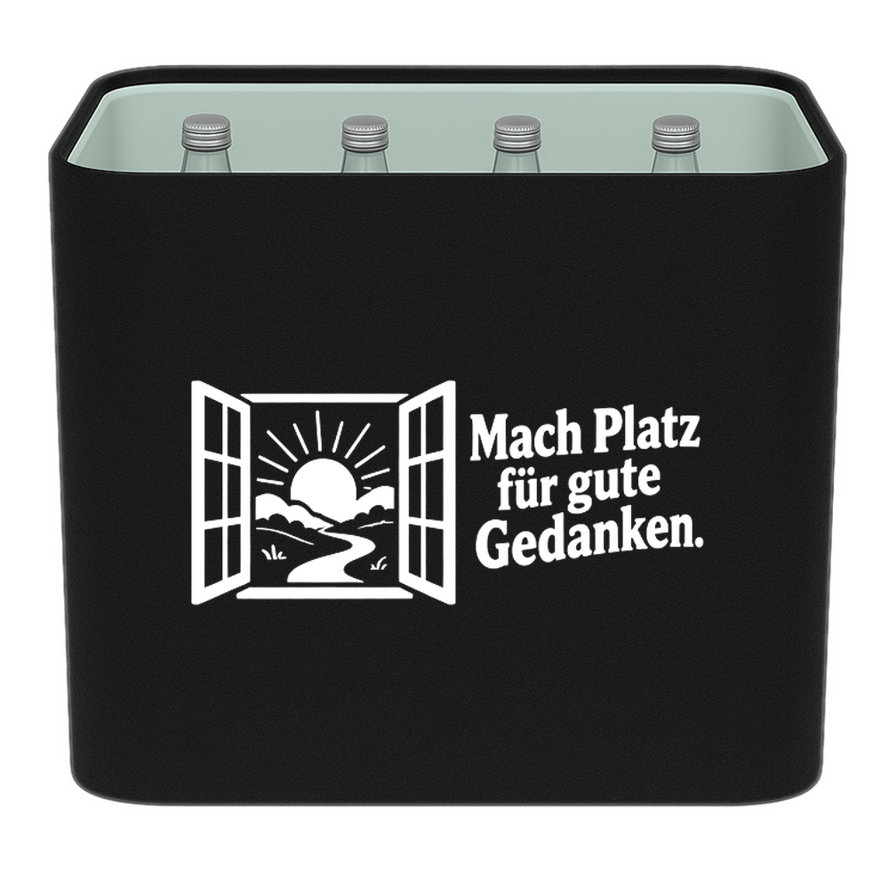 KistenBlende „Mach Platz für gute Gedanken.“ – Wasserkiste für Glasflaschen, schwarze Filzblende mit Motiv.