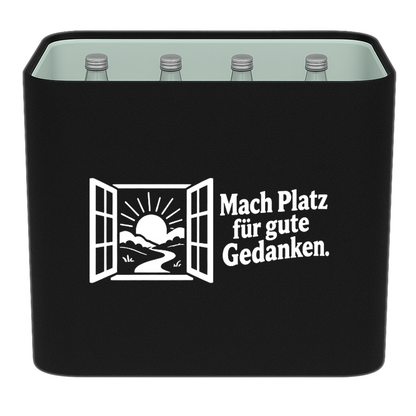 KistenBlende „Mach Platz für gute Gedanken.“ – Wasserkiste für Glasflaschen, schwarze Filzblende mit Motiv.