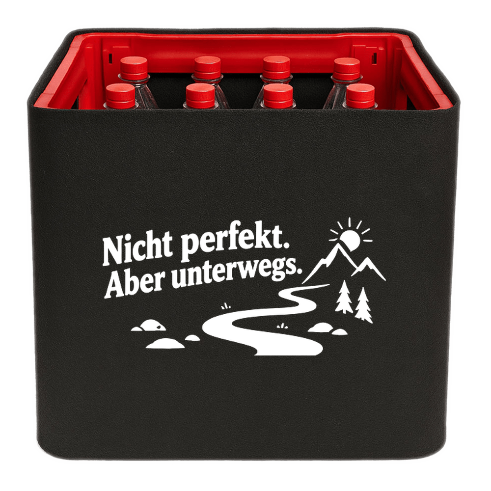 KistenBlende „Nicht perfekt. Aber unterwegs.“ – Limonadenkiste für PET-Flaschen, schwarze Filzblende mit Motiv.