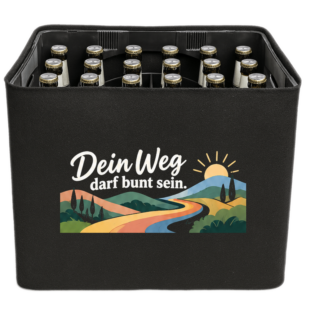 KistenBlende „Dein Weg darf bunt sein.“ – Bierkasten 24 × 0,33 l, schwarze Filzblende mit Motiv.