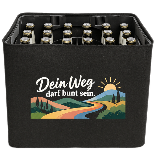 KistenBlende „Dein Weg darf bunt sein.“ – Bierkasten 24 × 0,33 l, schwarze Filzblende mit Motiv.