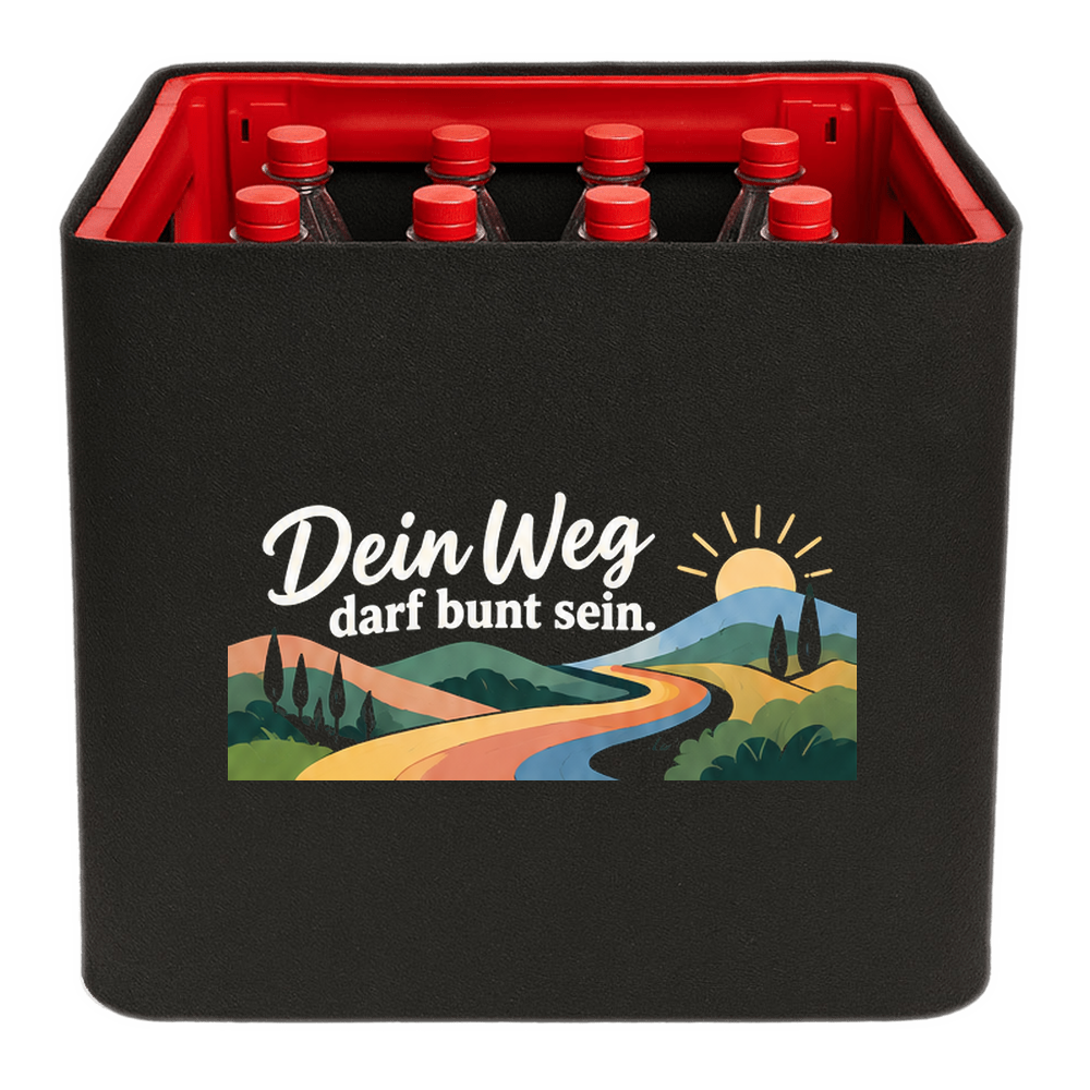 KistenBlende „Dein Weg darf bunt sein.“ – Limonadenkiste für PET-Flaschen, schwarze Filzblende mit Motiv.